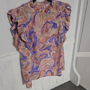 JODIFL Pink and Blue/purplish Ruffled Mandarin Collar Blouse